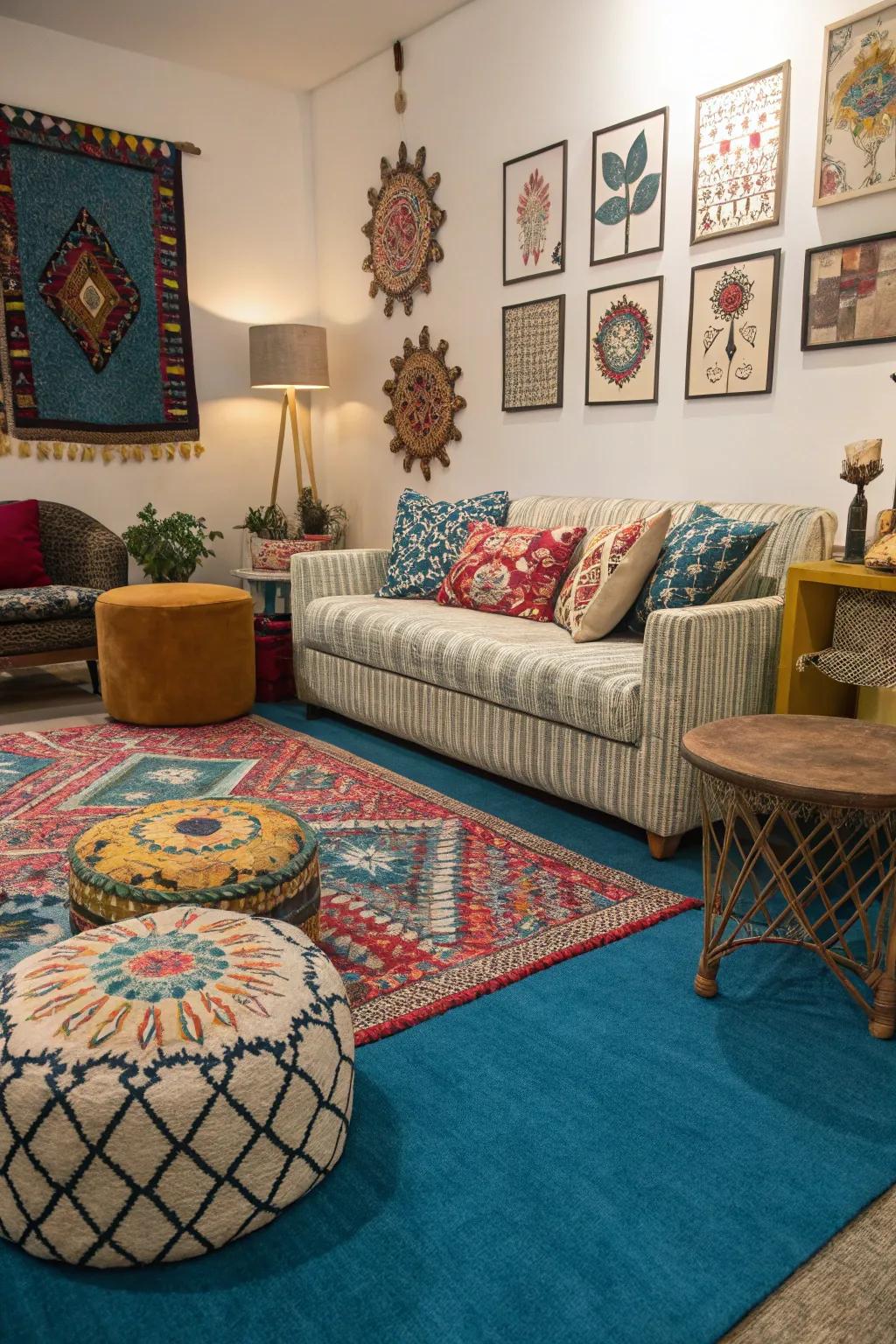 An eclectic blend transforms a lounge with an azure carpet into a vibrant, personalized haven.
