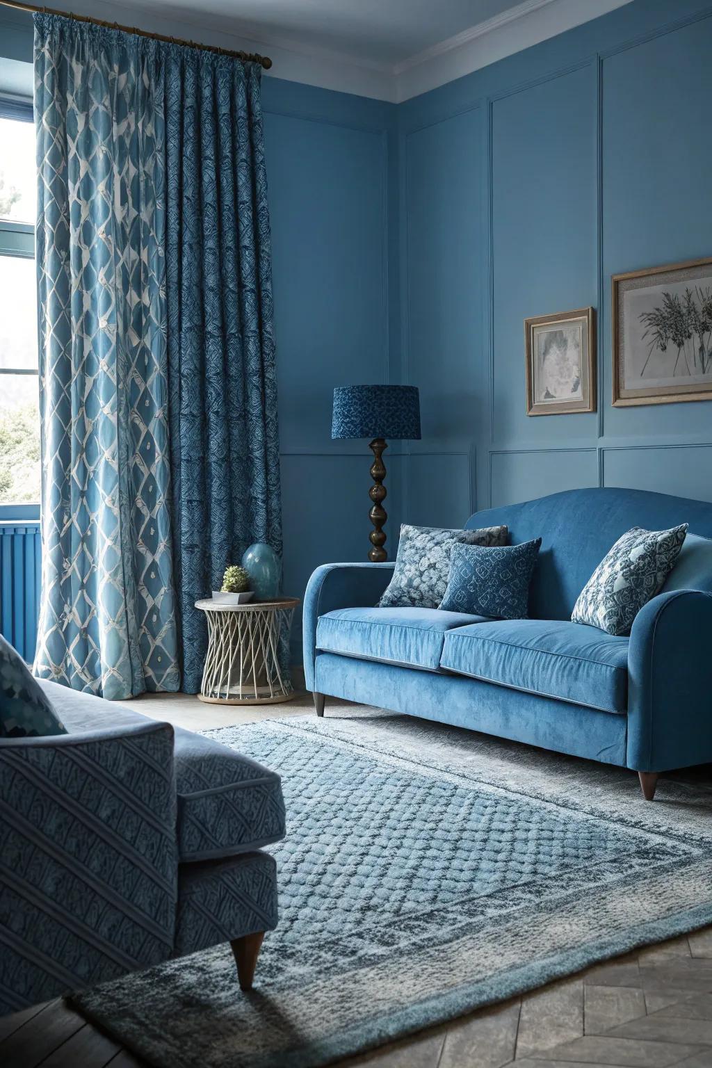 A monochromatic azure motif fashions a placid and unified dwelling space.
