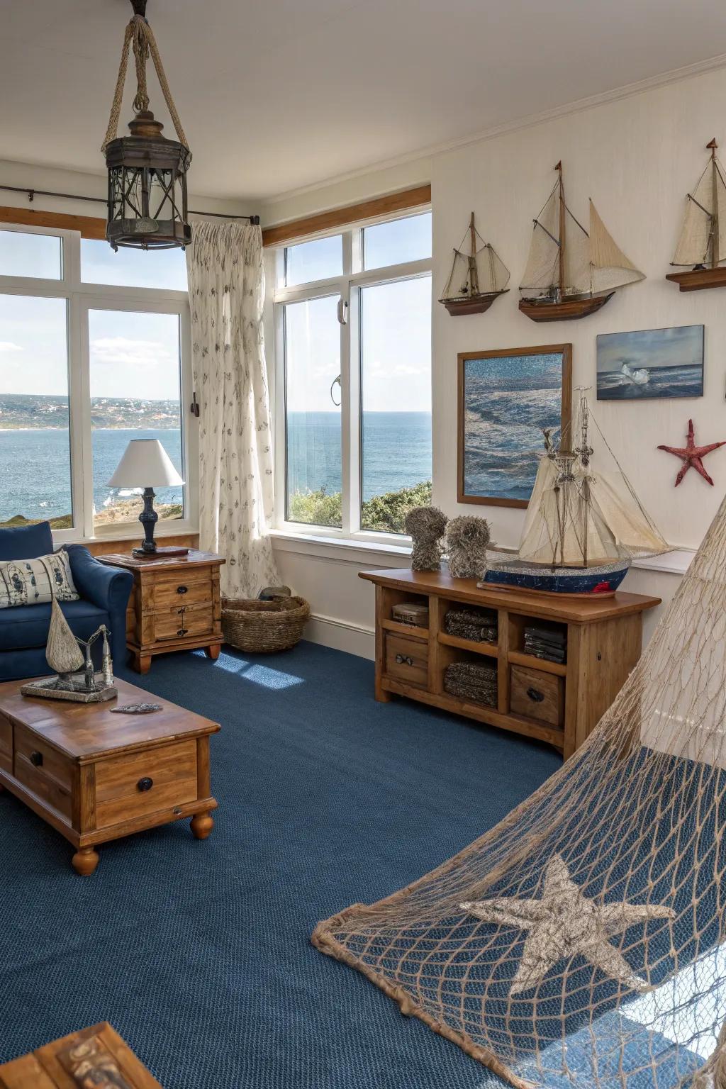 A coastal motif with an azure carpet evokes a serene, beachy atmosphere.