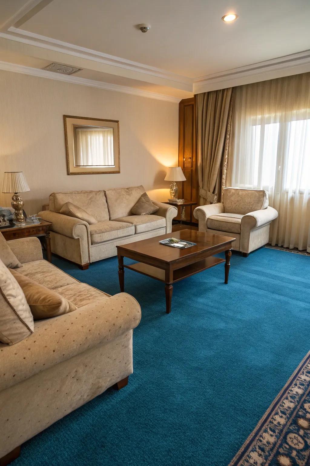 Neutral tones enhance an azure carpet, fashioning a harmonious dwelling area.