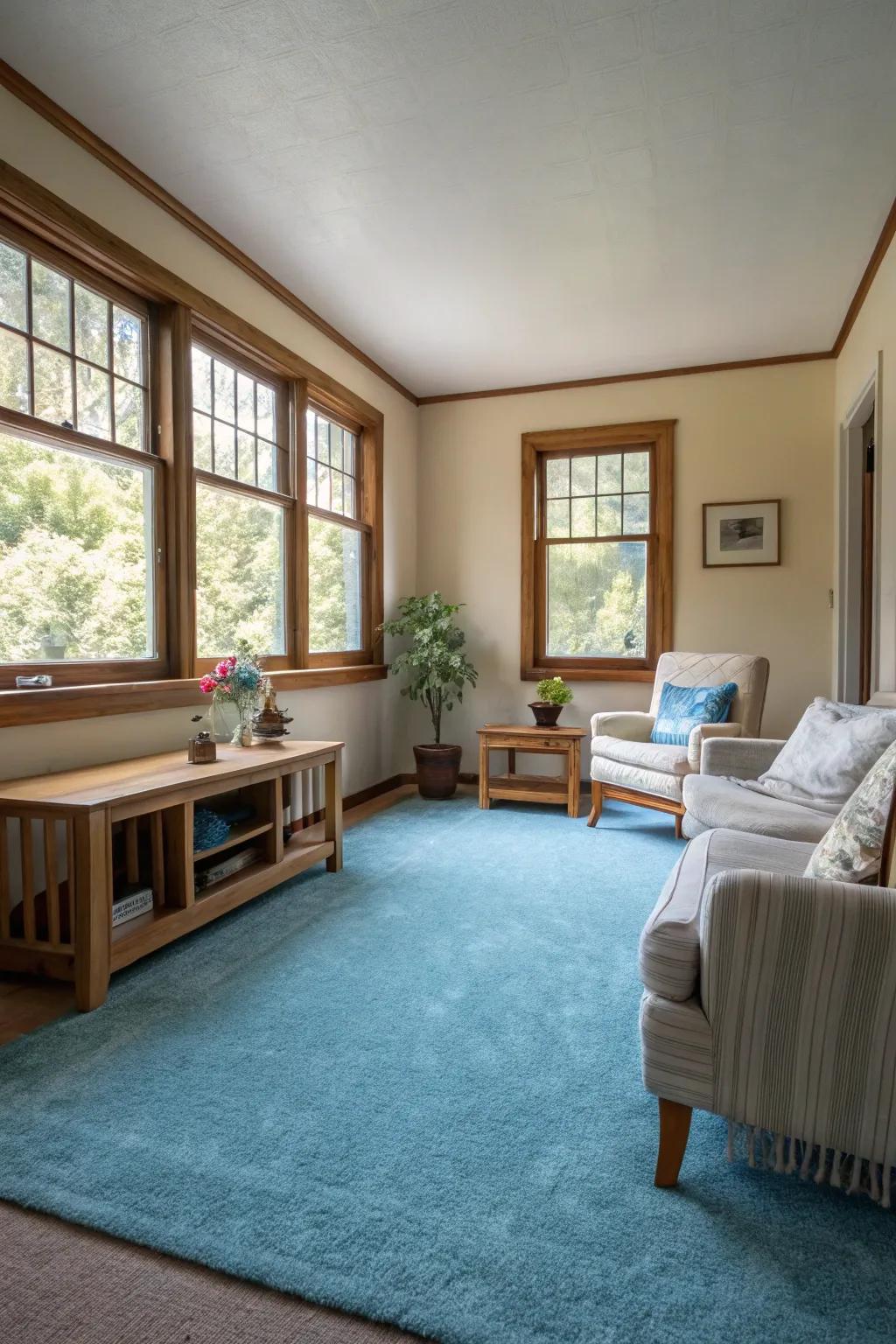 Cerulean carpets evoke an airy, expansive ambiance, suited for snug spaces.