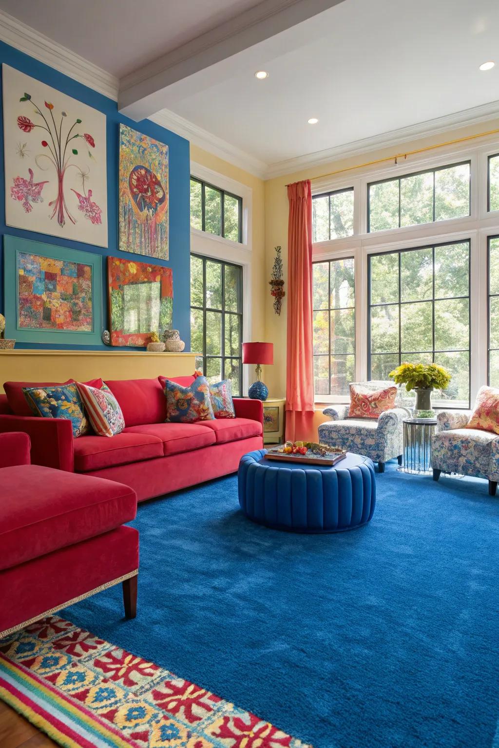 Audacious colors fashion a striking juxtaposition with an azure carpet, ensuring a dynamic space.
