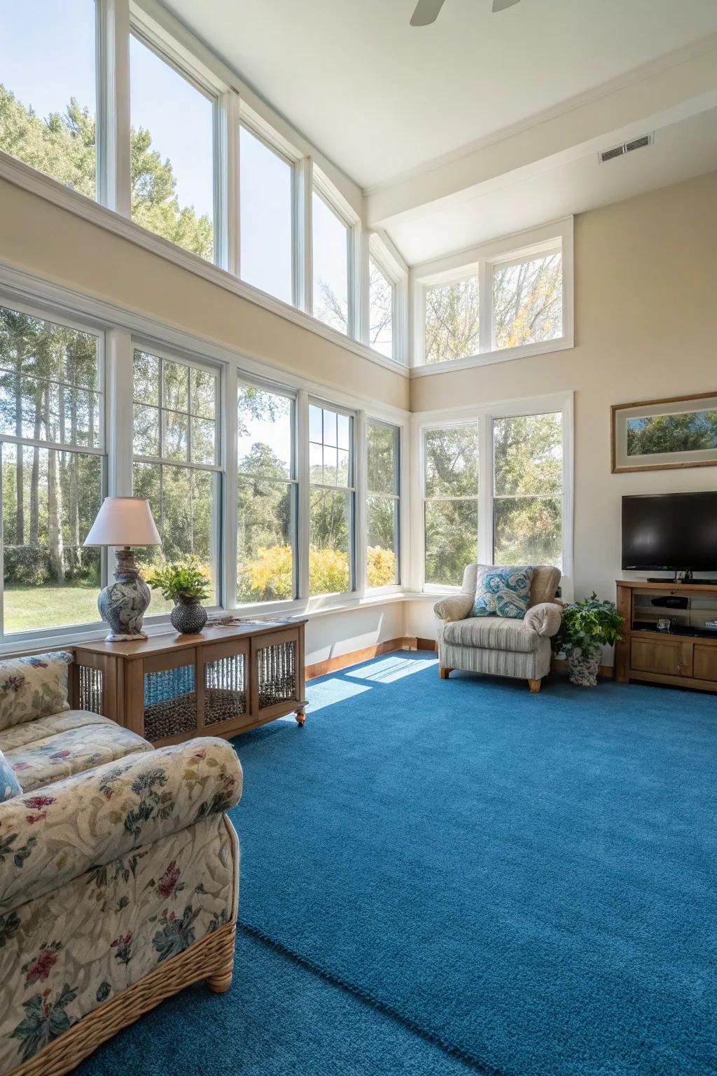 Natural illumination amplifies the splendor of an azure carpet in a radiant, airy lounge.