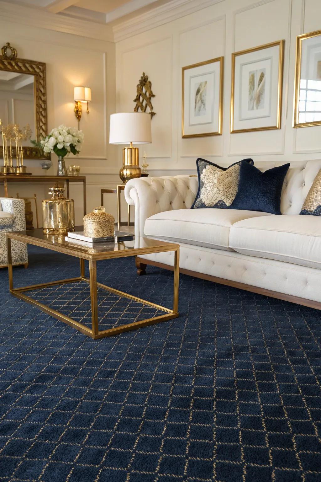 An inky azure carpet offers a strong base in this refined lounge.