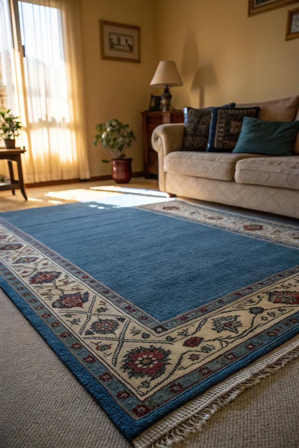Layering rugs contributes dimension and flair to a lounge with an azure carpet.