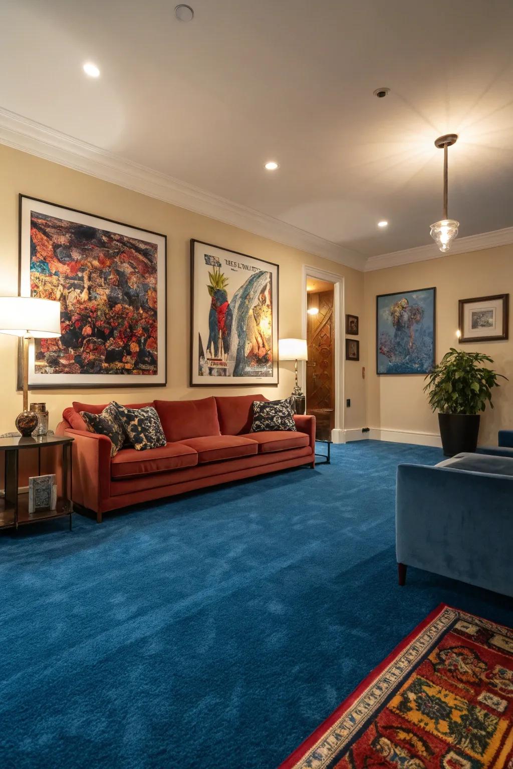 Statement art and an azure carpet amalgamate for a sophisticated, artful dwelling space.