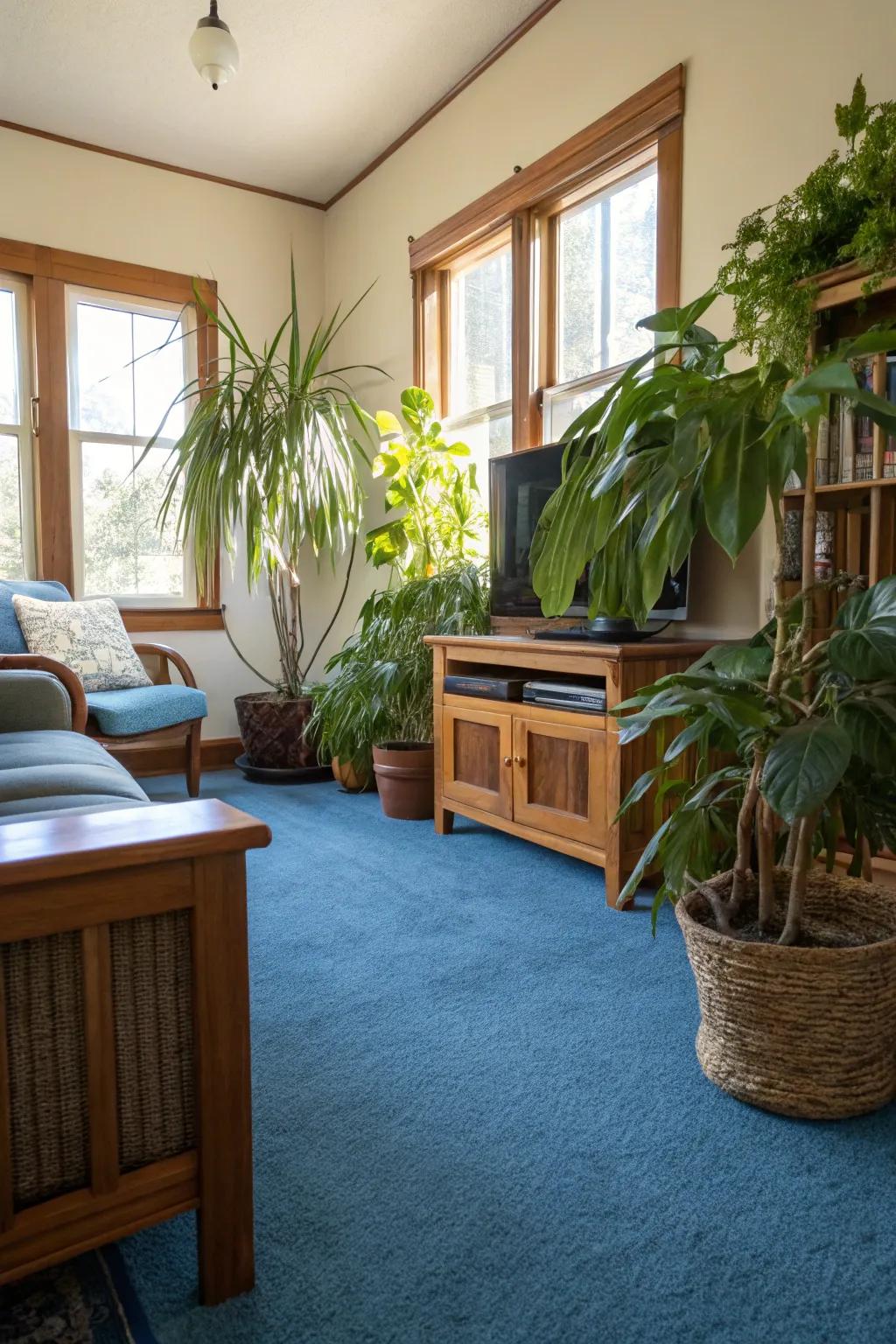 Indoor flora contribute vibrancy and juxtaposition to a lounge with an azure carpet.