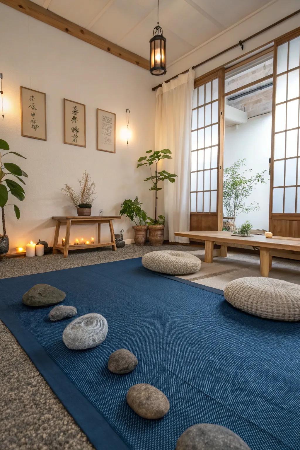 An azure carpet establishes the groundwork for a serene, Zen-inspired dwelling space.