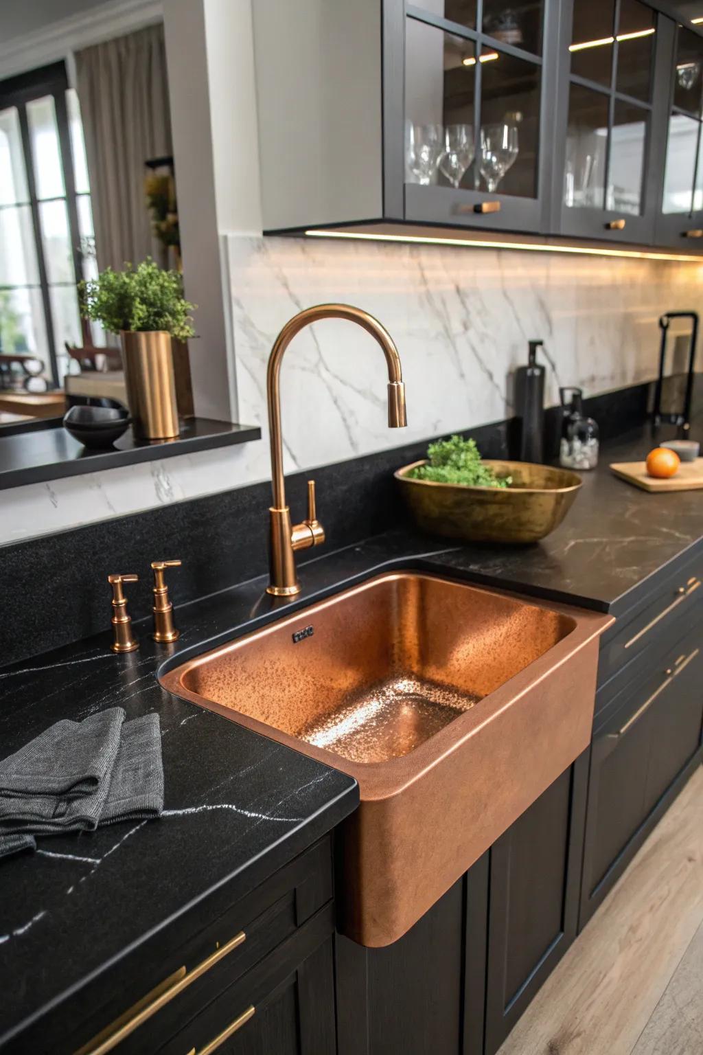 A copper sink stands out as a luxurious focal point in a black kitchen.