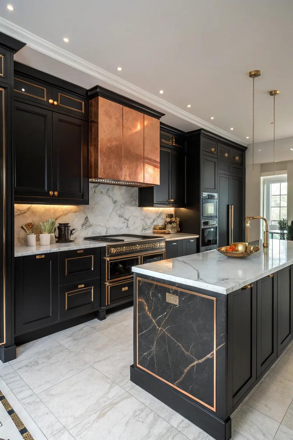 Black cabinets paired with copper worktops create a luxurious kitchen vibe.