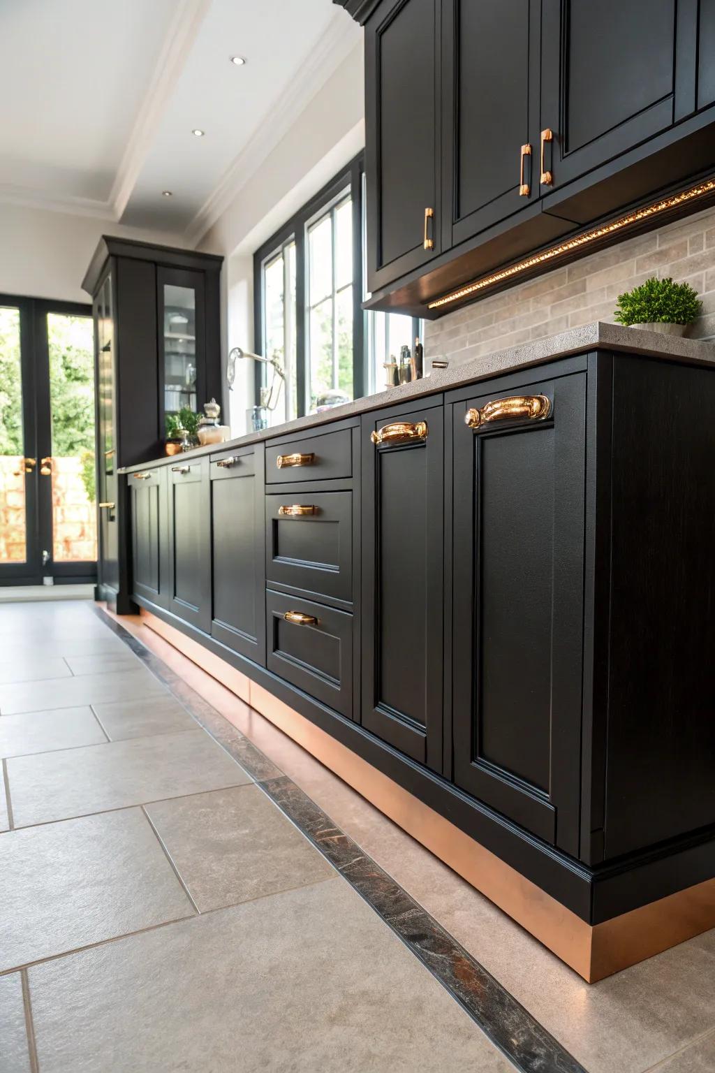 Copper plinths add a subtle touch of elegance to the base of black cabinets.