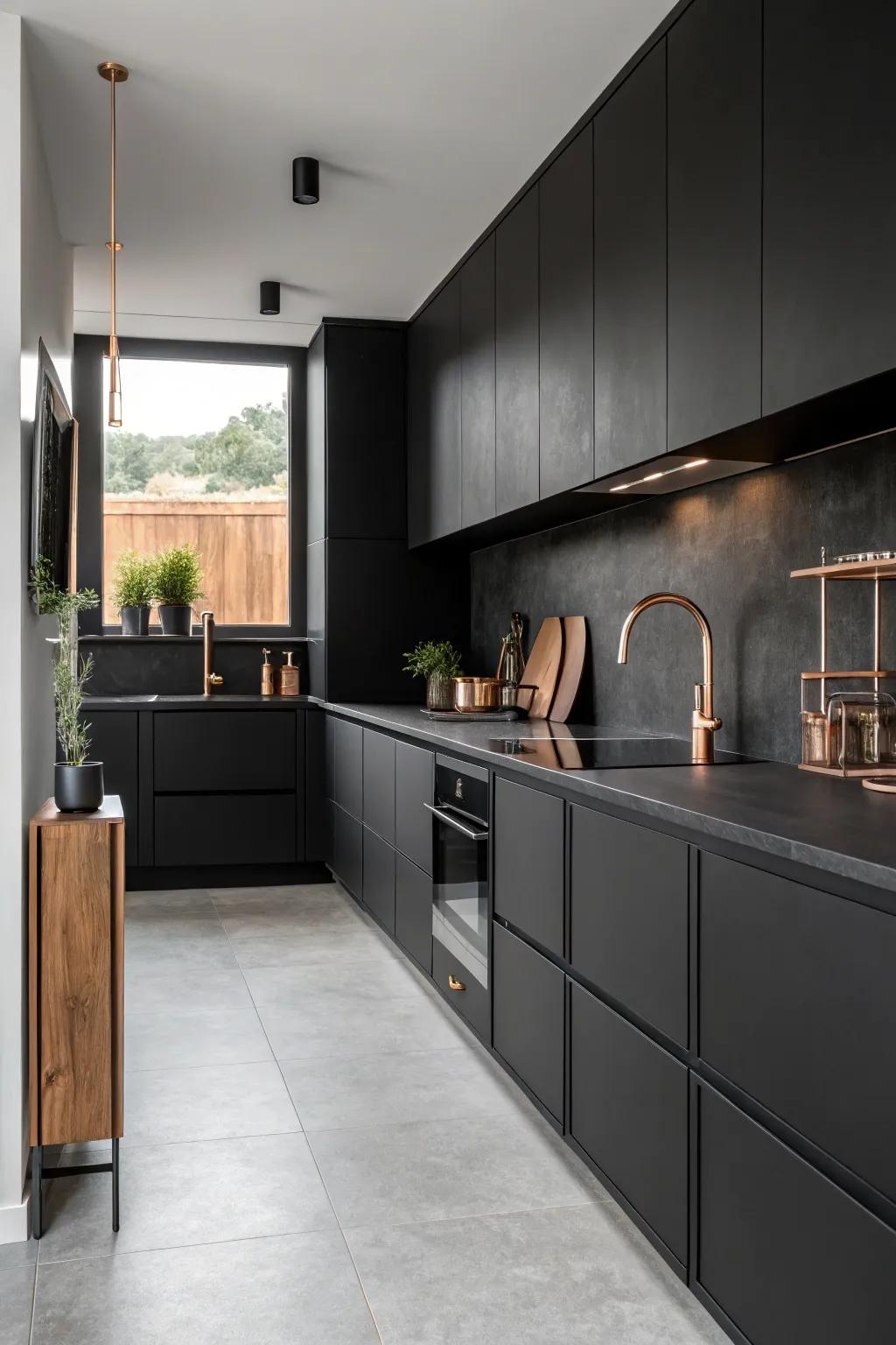 Minimalist design with copper accents creates a sleek, modern kitchen.