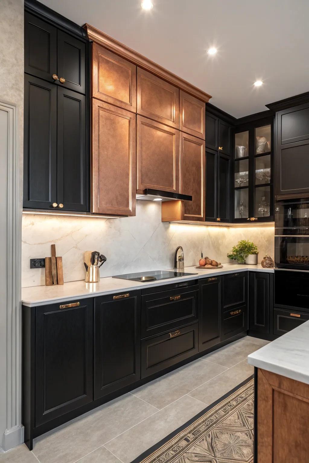 Mixing black and copper cabinets for a dynamic kitchen design.