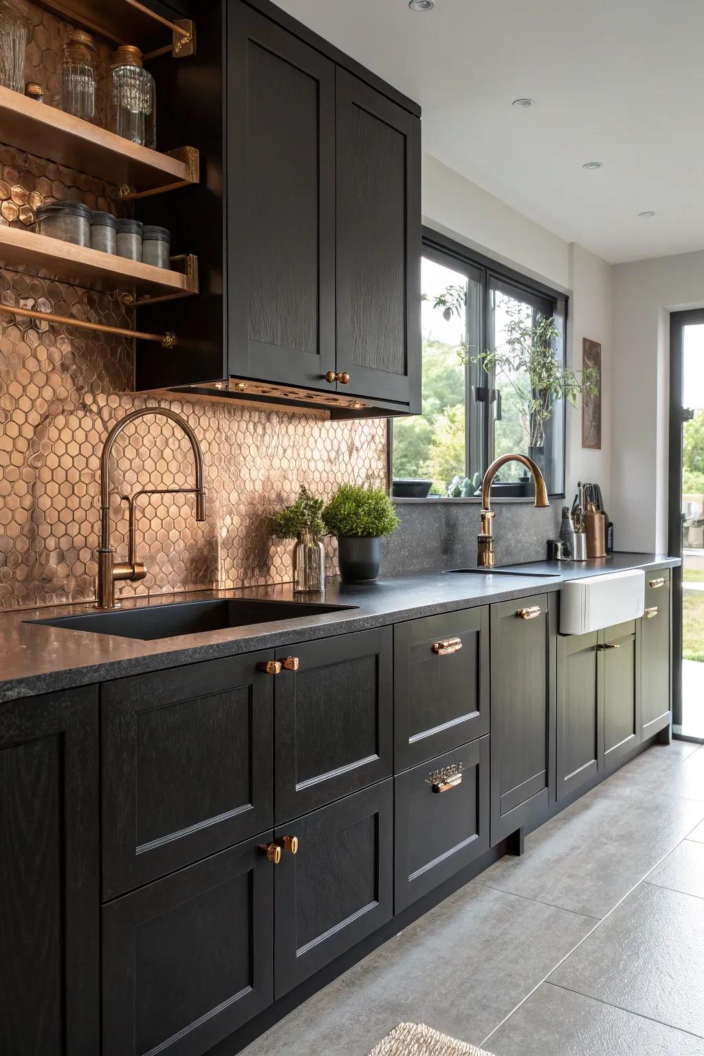 Contrasting textures add depth to a black and copper kitchen.
