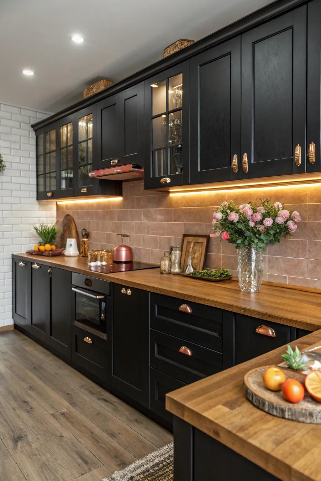 Wood and copper provide a warm contrast in a black kitchen.