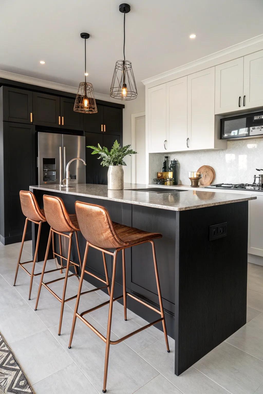 Copper bar stools add a chic touch to a modern black kitchen.
