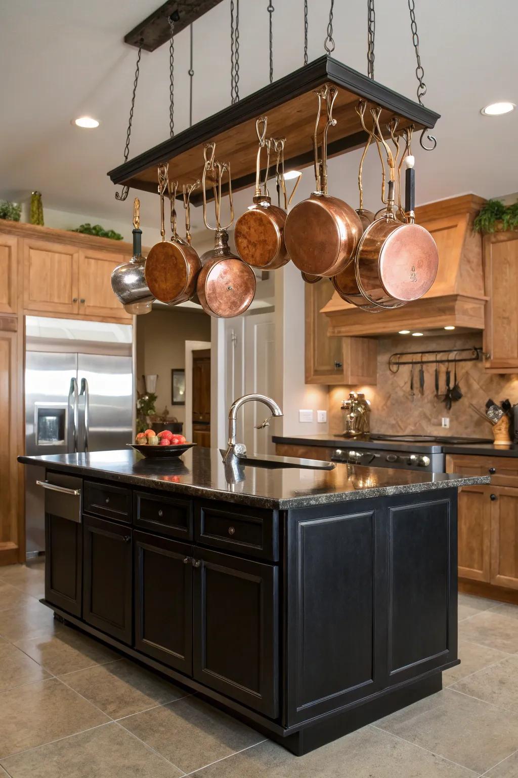 Hanging copper pot racks add rustic charm and practicality.