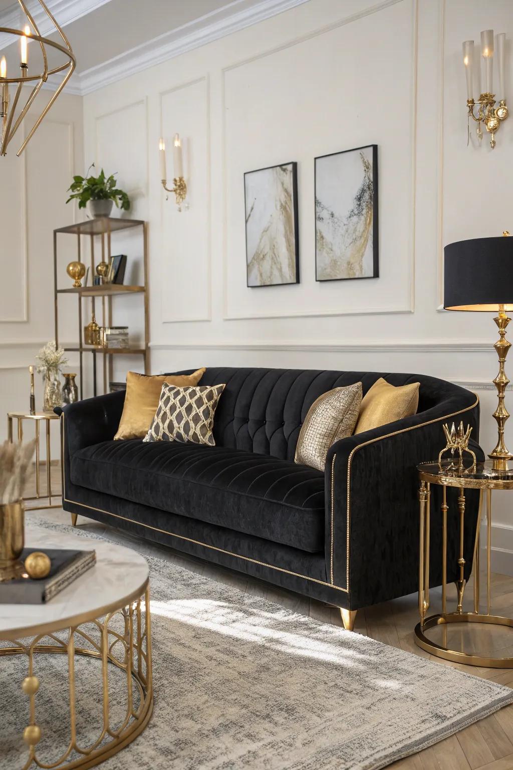 A luxurious black velvet sofa adds an element of sophistication to a modern living room.
