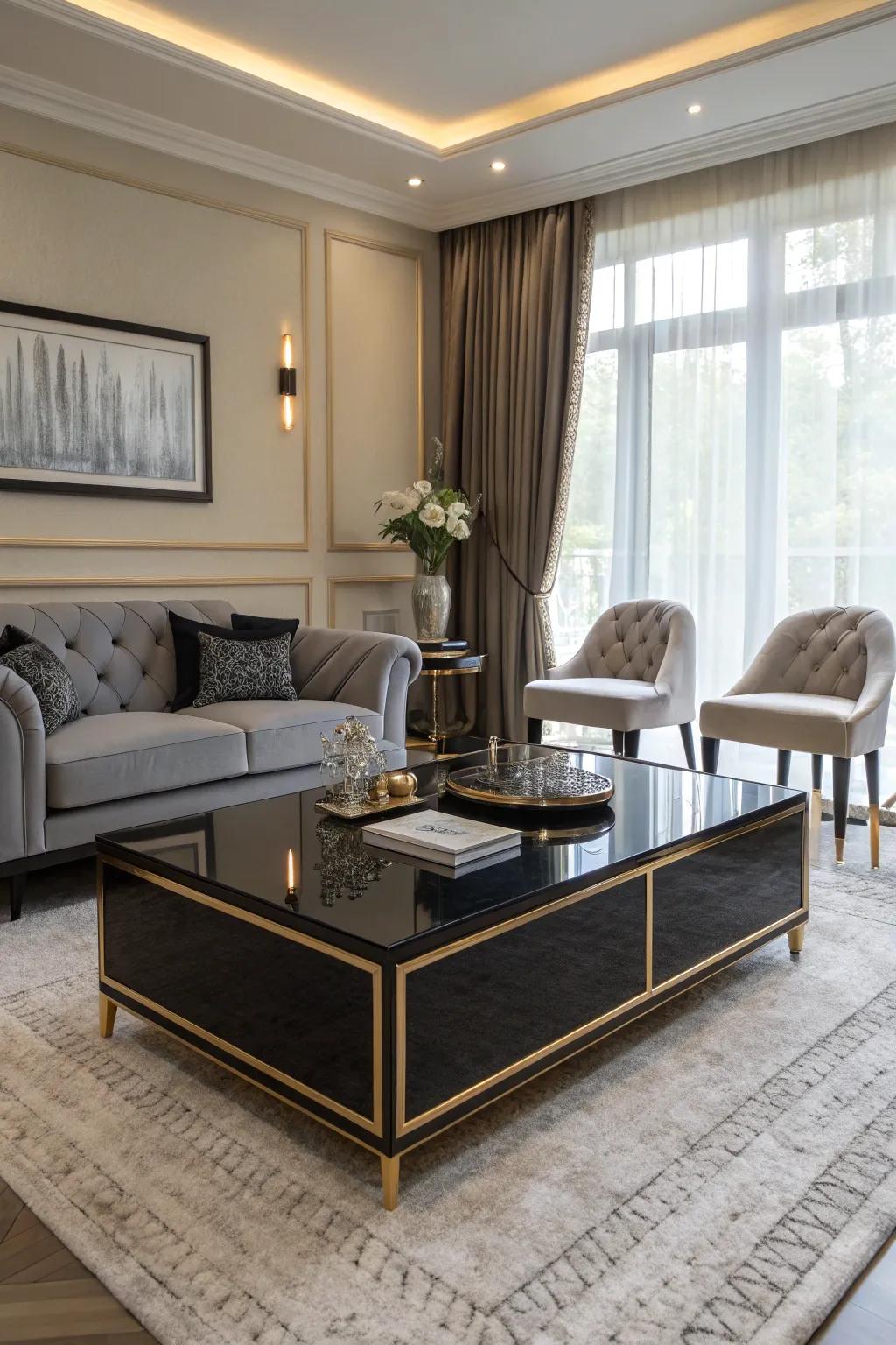 A sleek coffee table with gilded trim enhances the room's refinement.