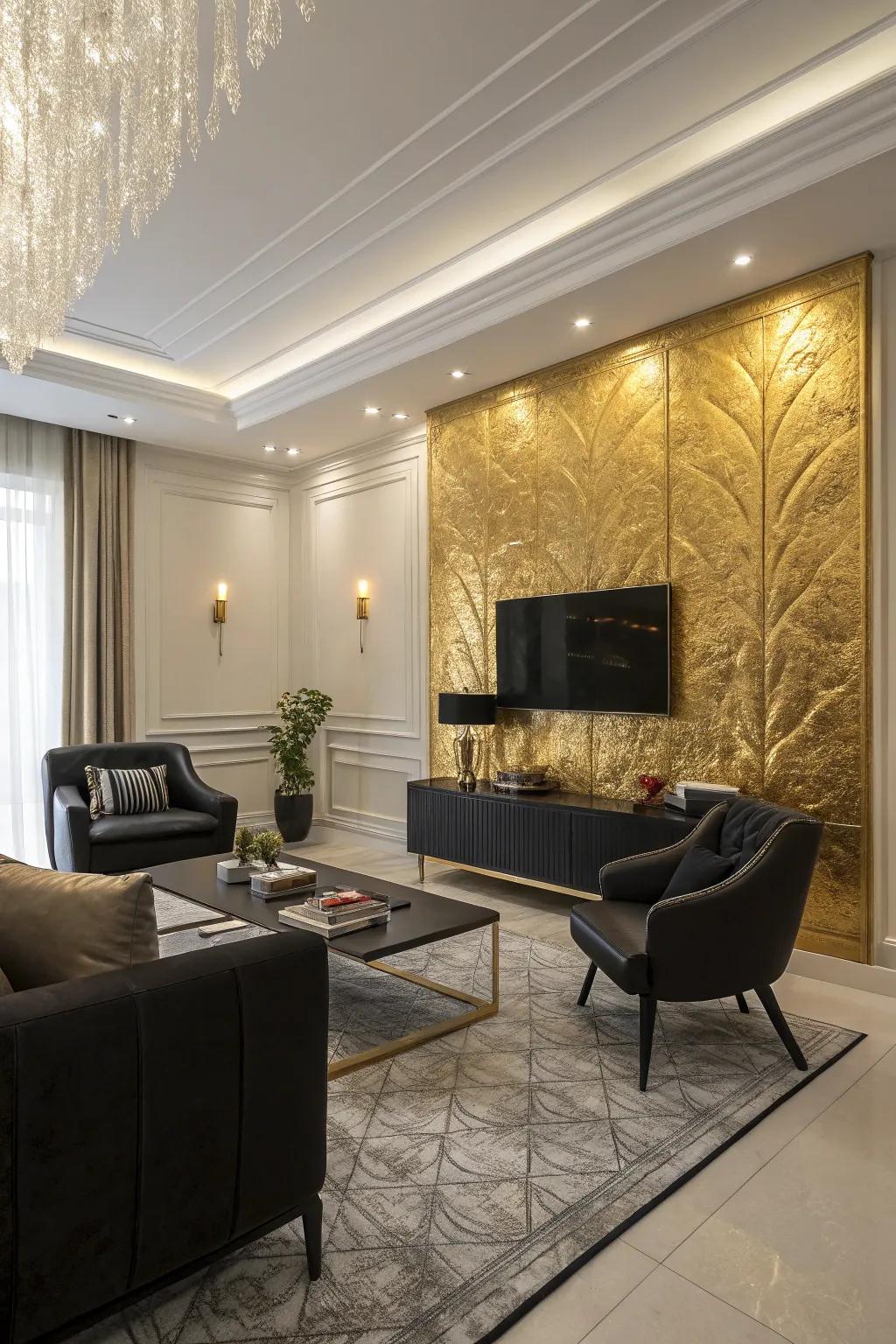 A striking gold accent wall adds richness and depth to the space.