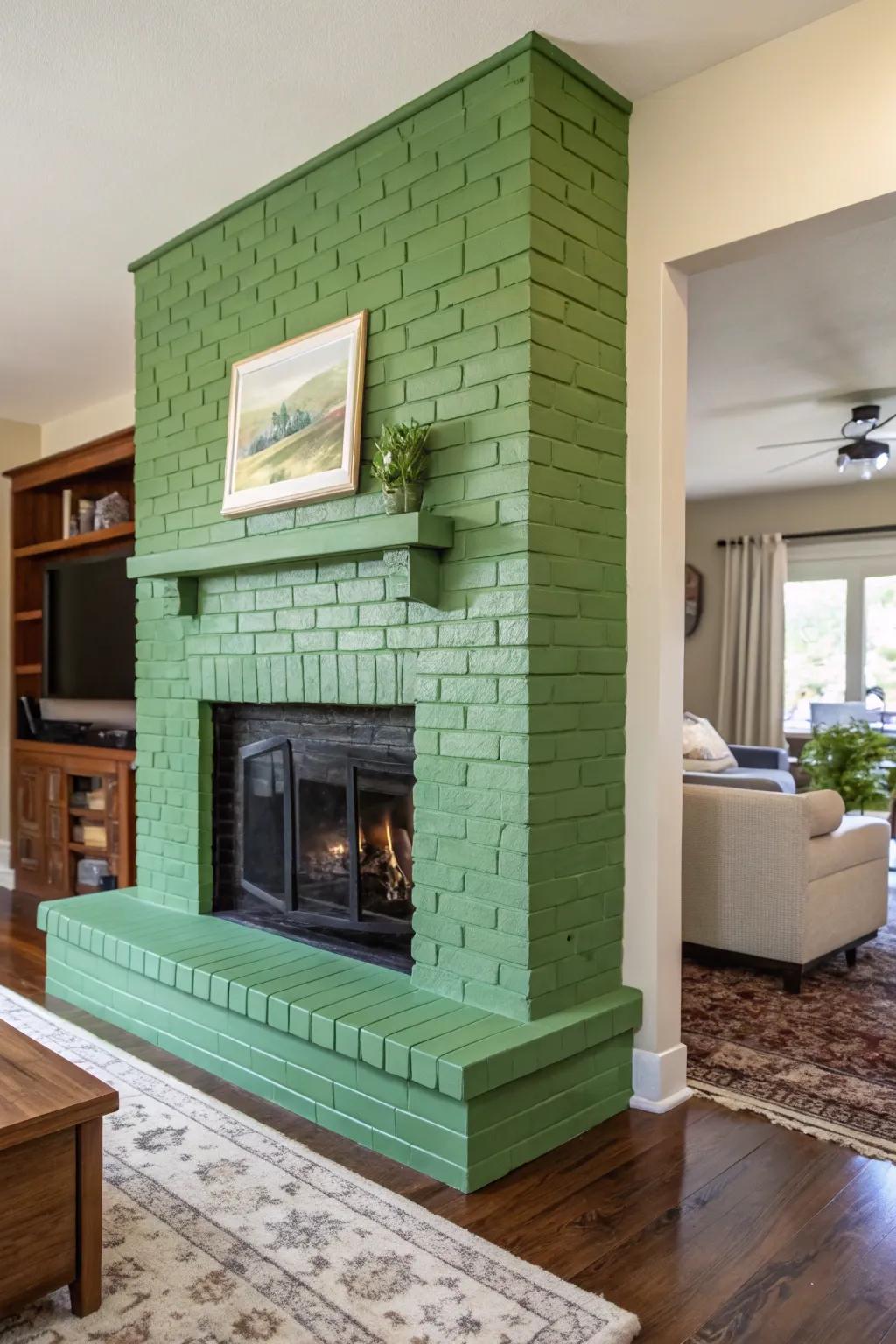 A modern living room showcasing a striking green painted brick fireplace.