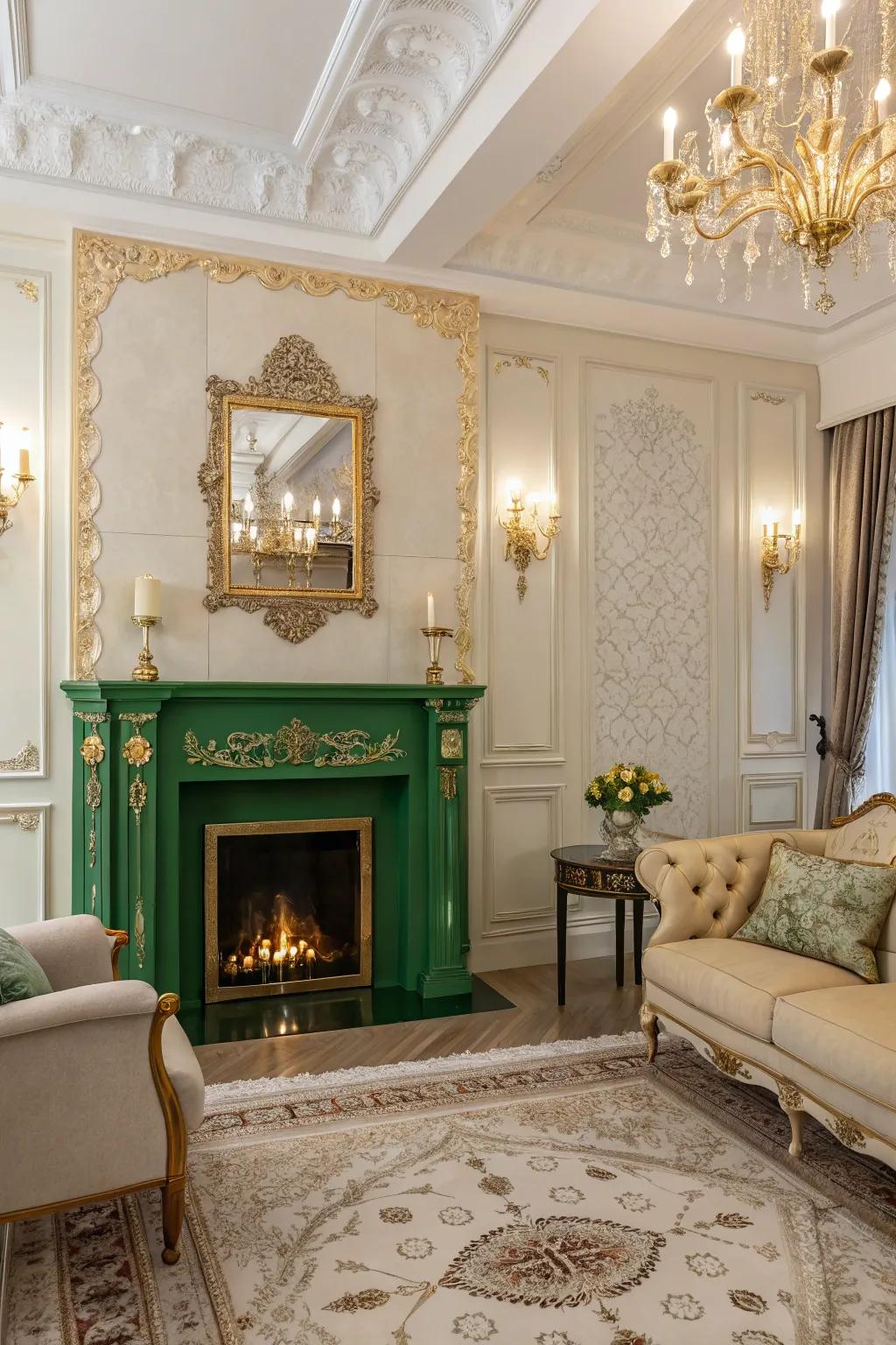 A glamorous living room featuring a green fireplace and gold accents.