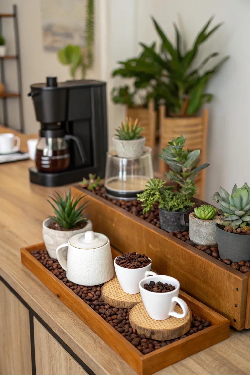 Plants add a refreshing element to your coffee corner.