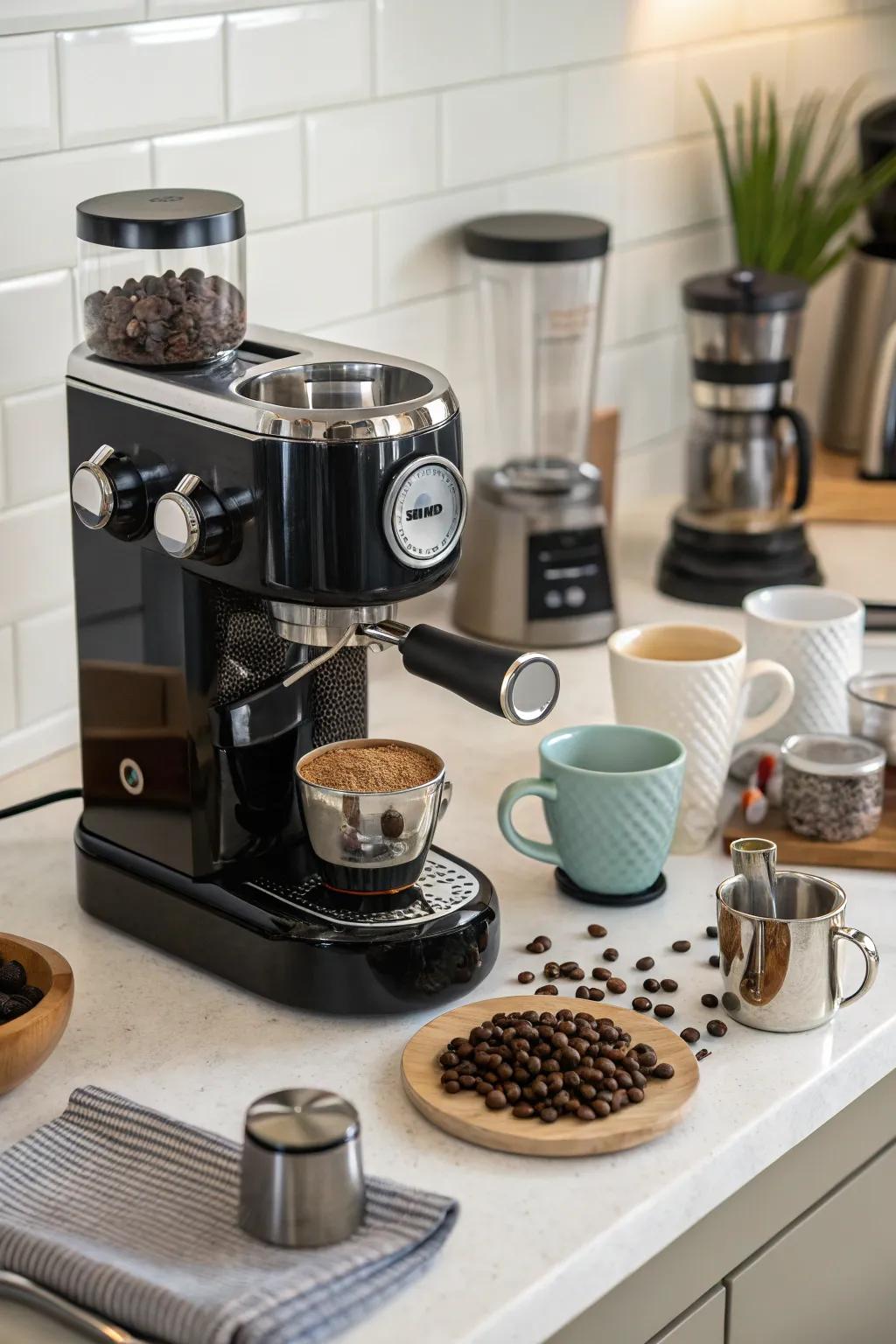 An espresso machine adds a touch of elegance to any coffee station.