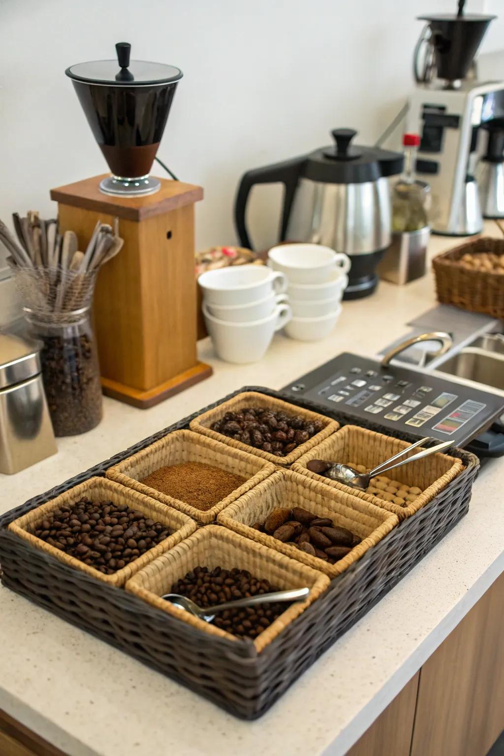 Trays and baskets keep your coffee essentials organized.