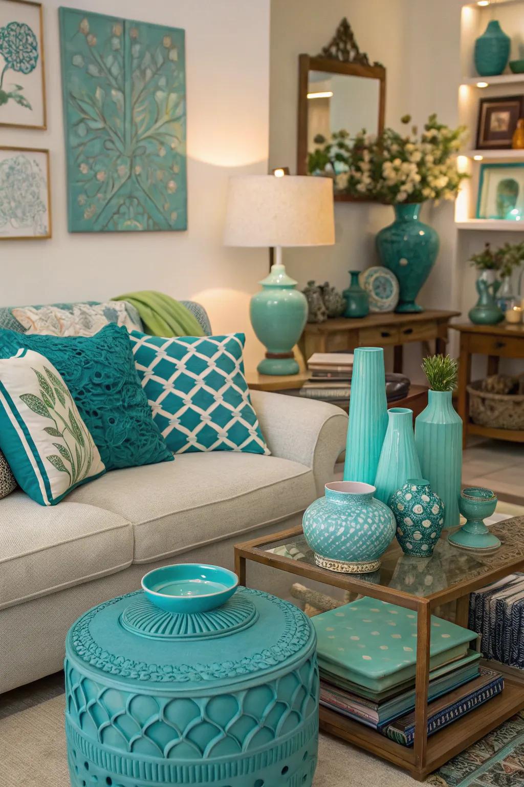 Unique character is introduced through the addition of eclectic teal and turquoise accessories.