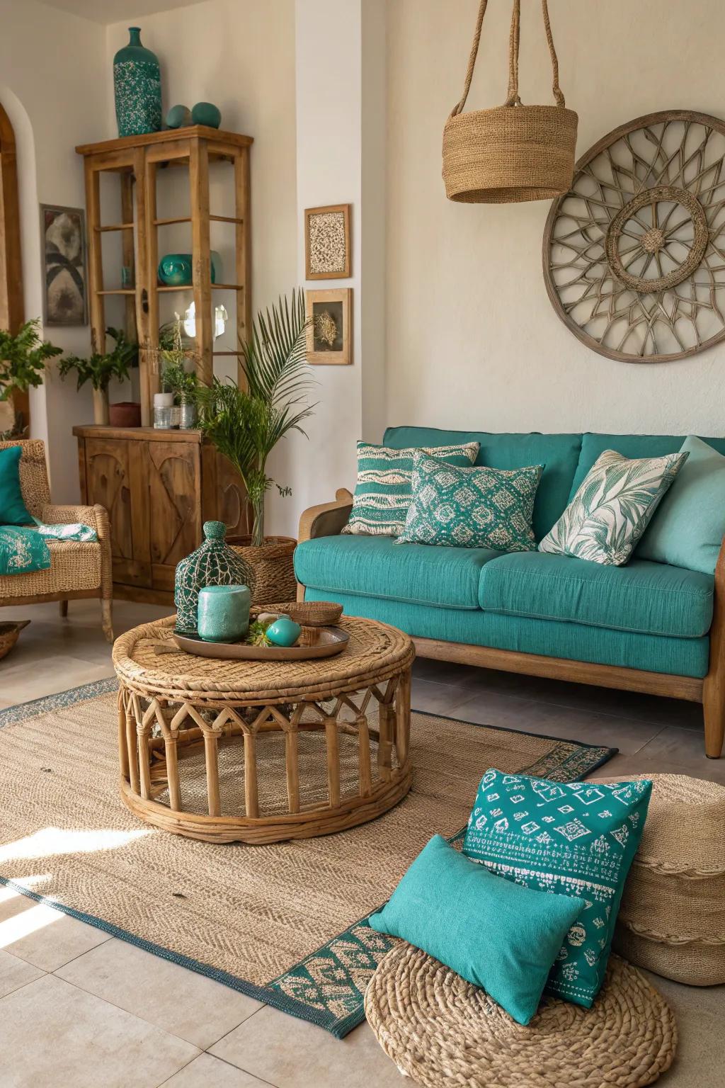 Teal and turquoise harmonize beautifully with natural materials, creating a grounded ambiance.