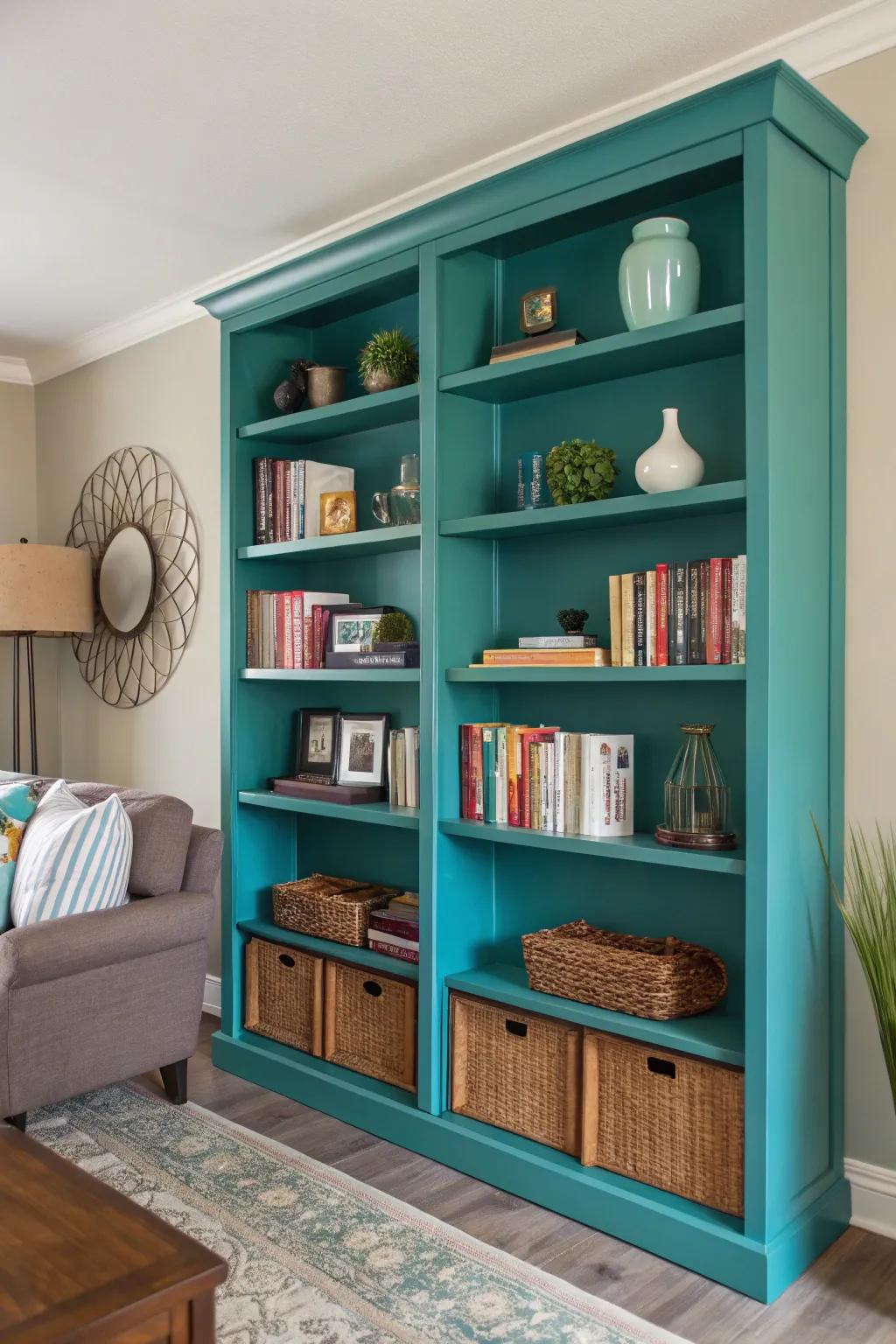 Teal shelves are as functional as they are visually appealing, offering storage with a pop of chic color.