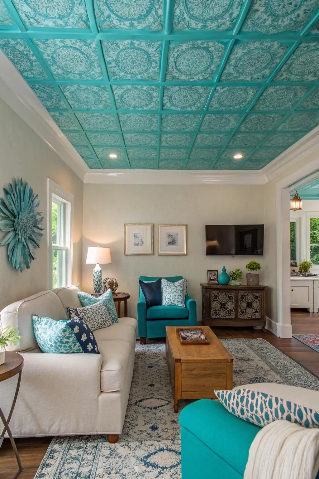 The unexpected turquoise ceiling lends a touch of artistry to this chicly appointed room.