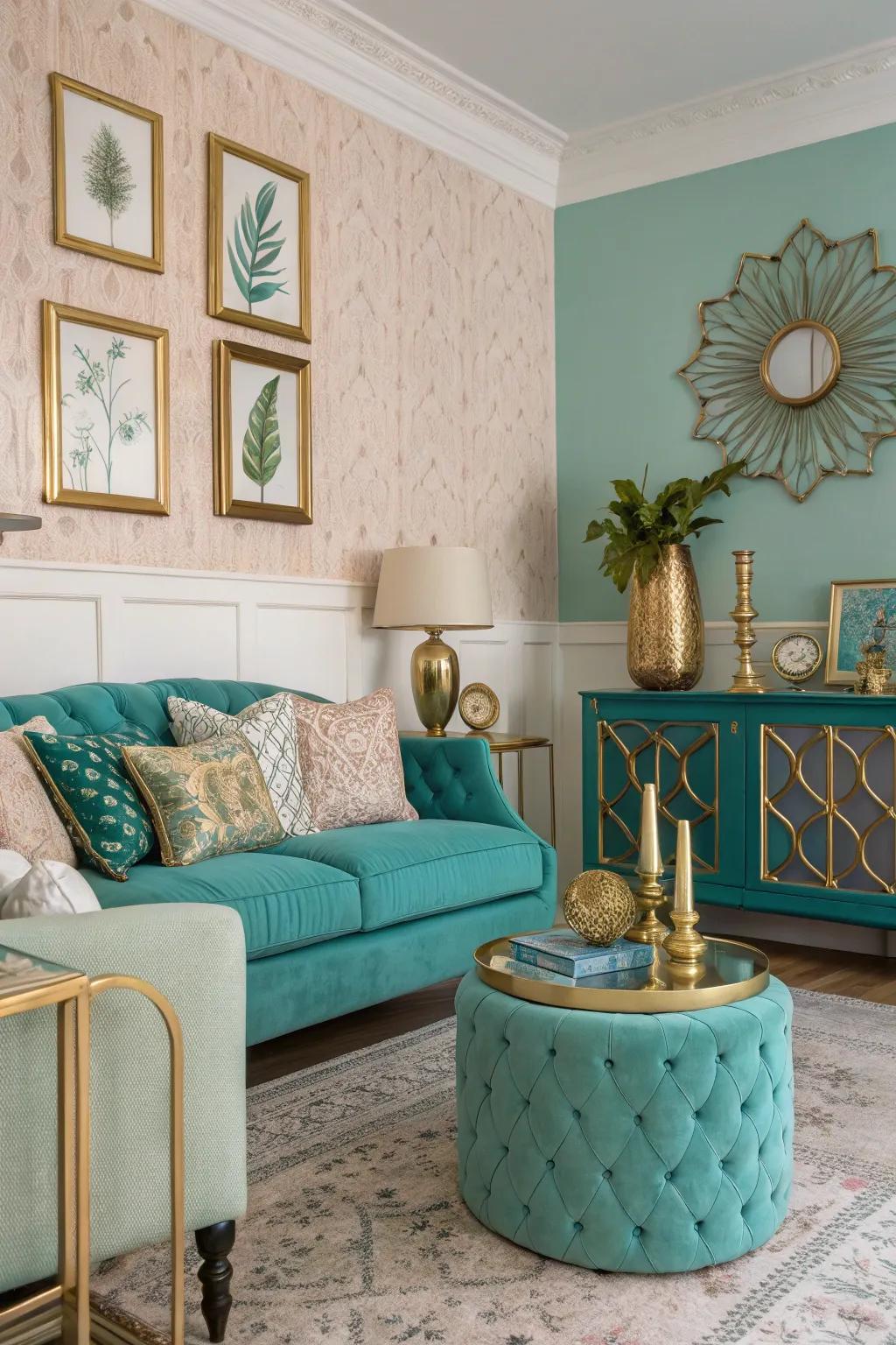 Glamour is heightened by metallic accents against a teal and turquoise backdrop.