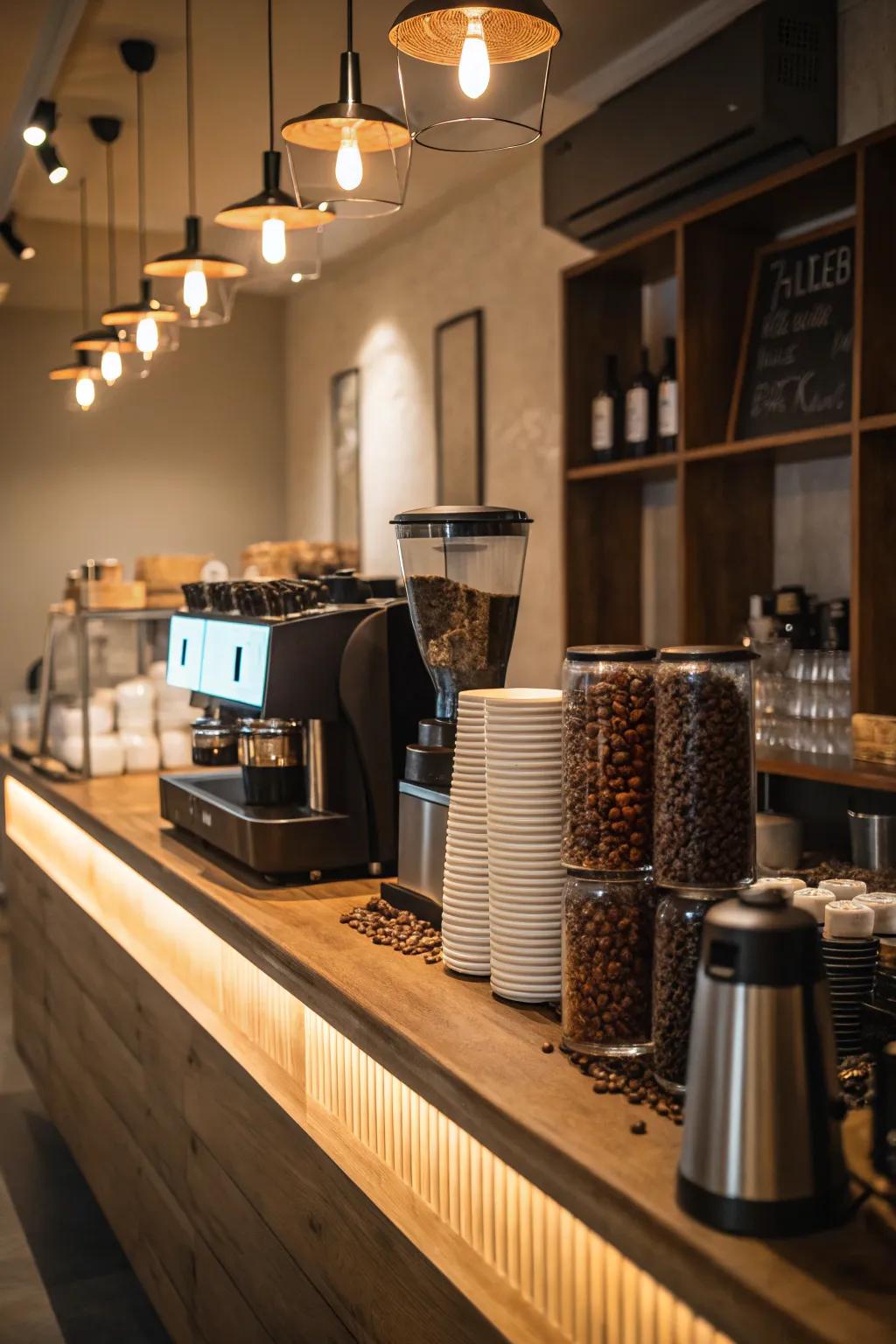 Accent lighting creates a warm and inviting atmosphere.