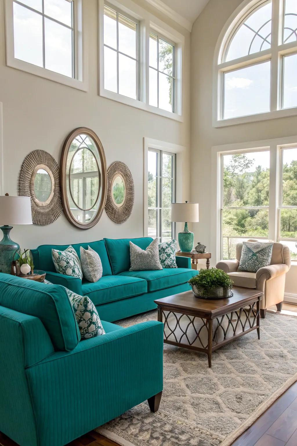 The vibrancy of teal accents in a living room is heightened by an abundance of natural light.