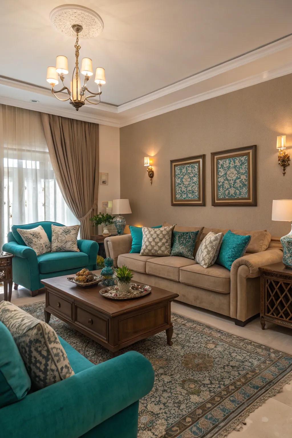 Teal is beautifully balanced with warm taupe, creating a tranquil and stylish atmosphere.