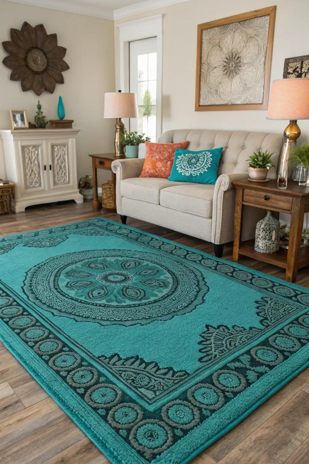 A teal and turquoise rug grounds the room while enhancing the feeling of comfort.