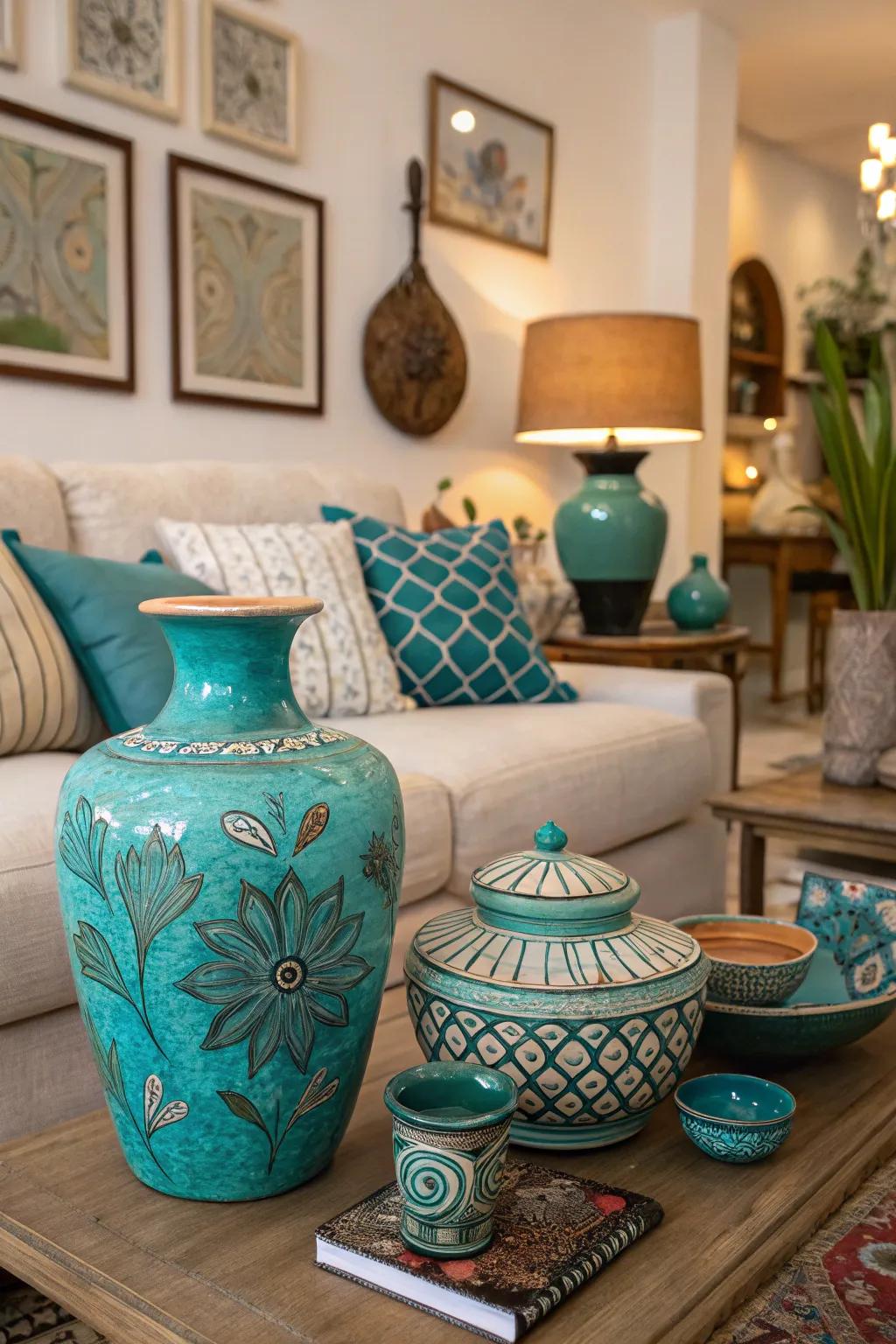 Pottery in teal and turquoise enhances a sense of handcrafted personality.
