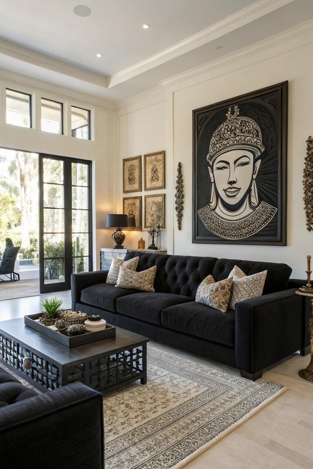 Strong black details add dimension and flair to this lounge.
