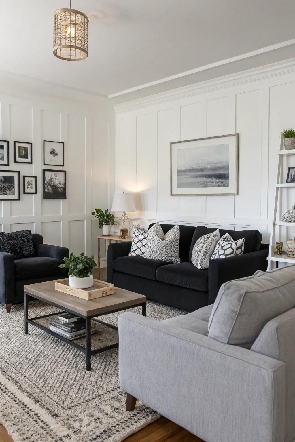 White walls act as a bright and neutral backdrop for a balanced lounge.