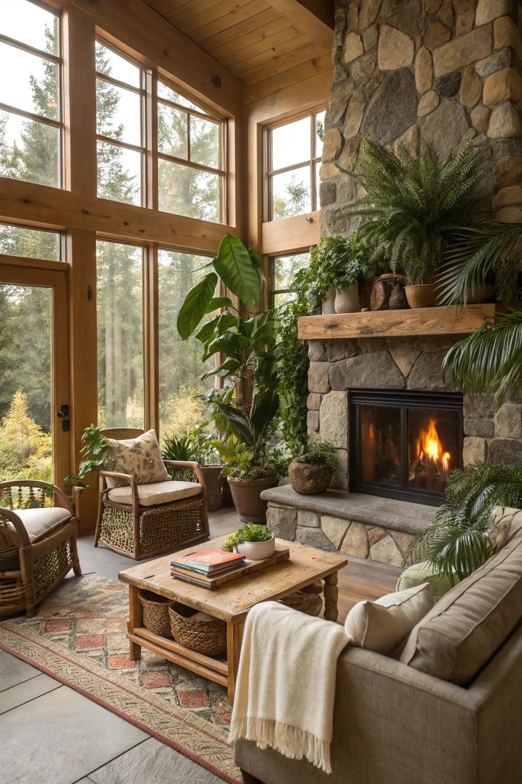 A nature-inspired living room that features a calming fireplace setting.