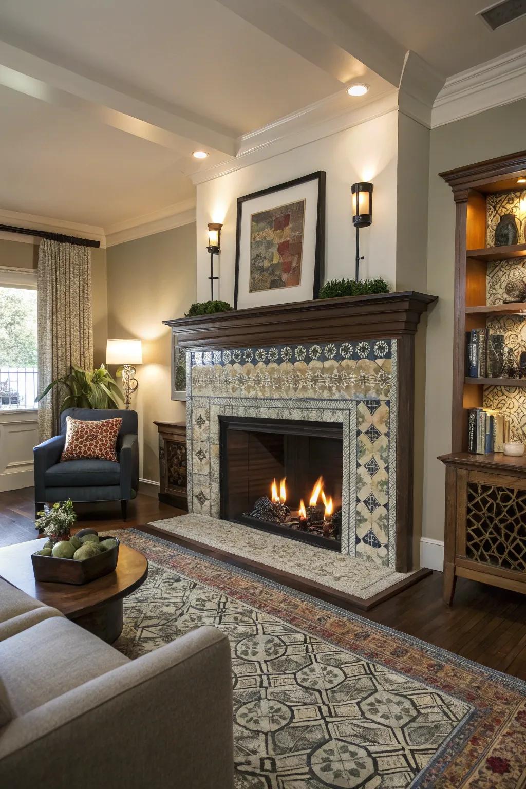 An artistically designed fireplace that adds personality to the living room.