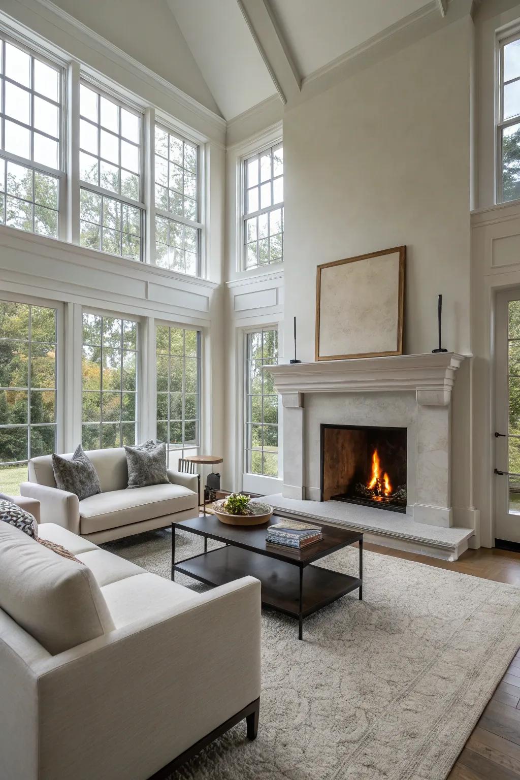 A country-style living room featuring an inviting fireplace and timber features.