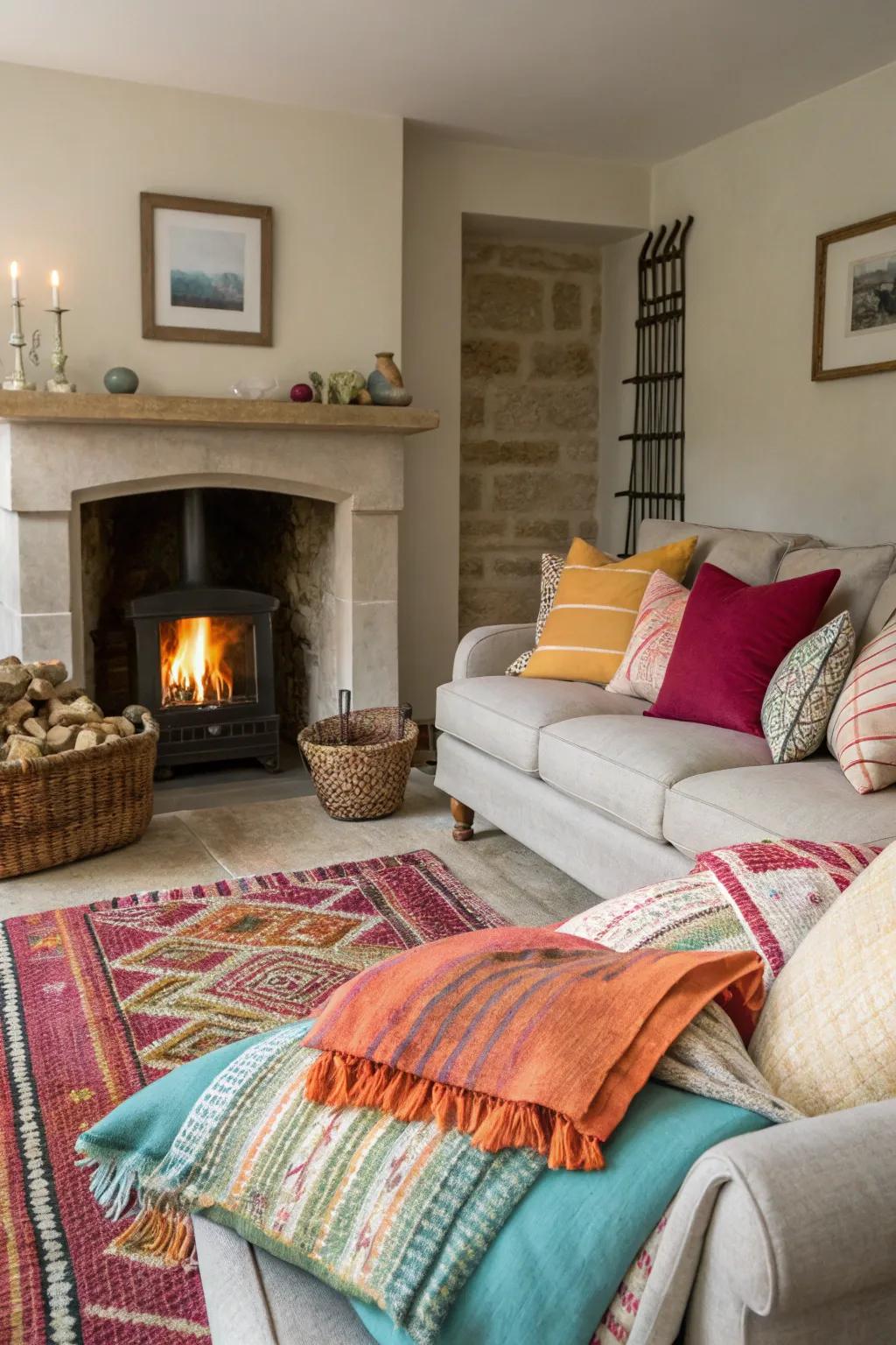 A vibrant living room featuring bright accents surrounding the fireplace.