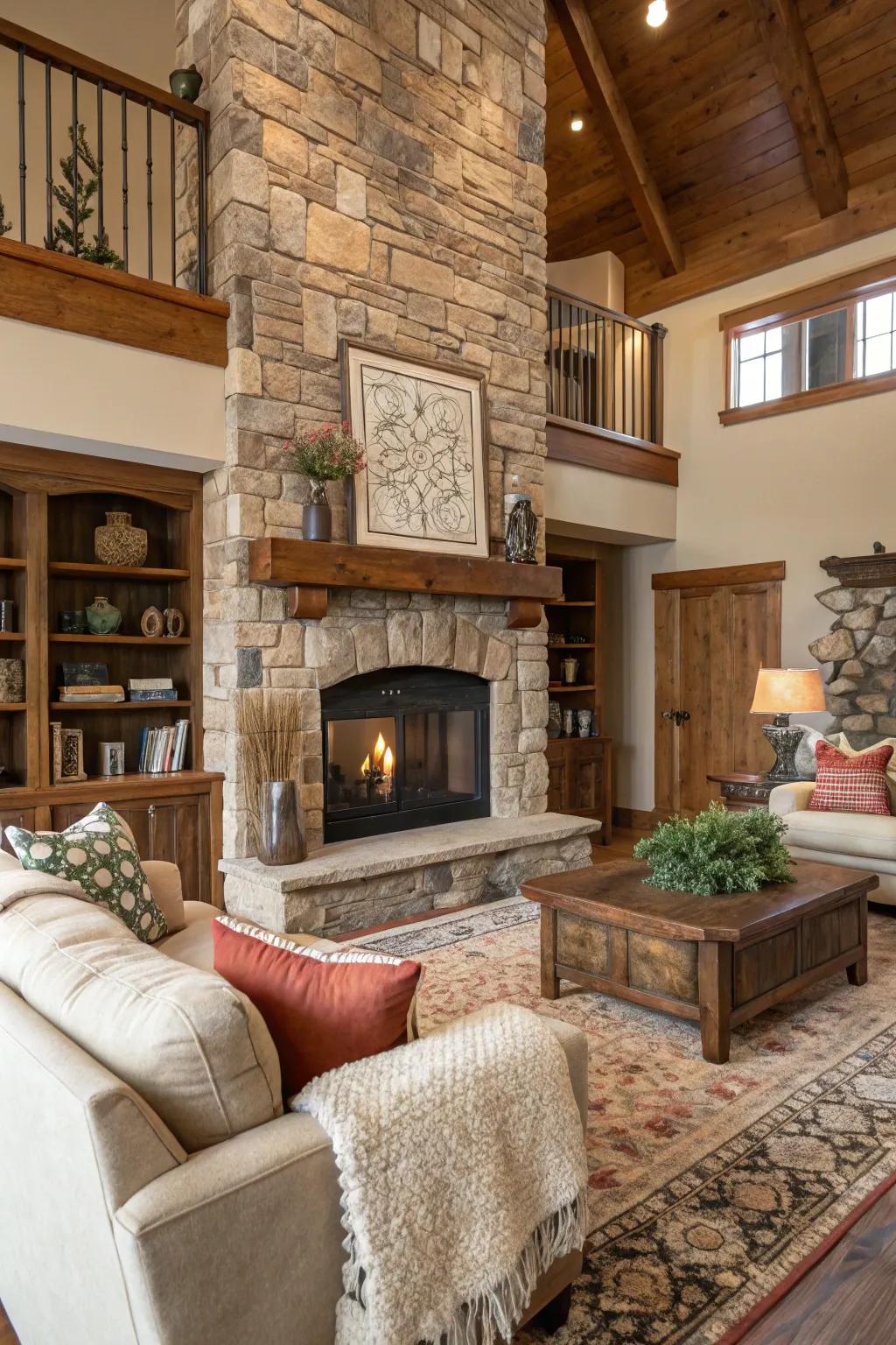 A living room improved by stratified distinctiveness around the fireplace.