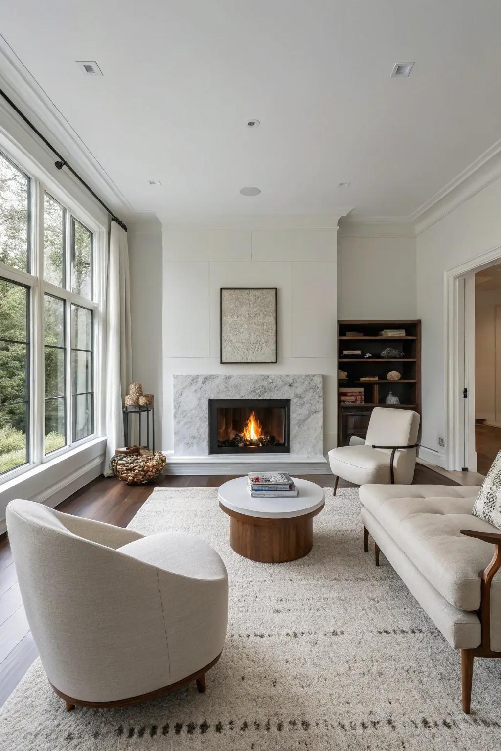 A simple living room featuring a sleek fireplace as its centerpiece.