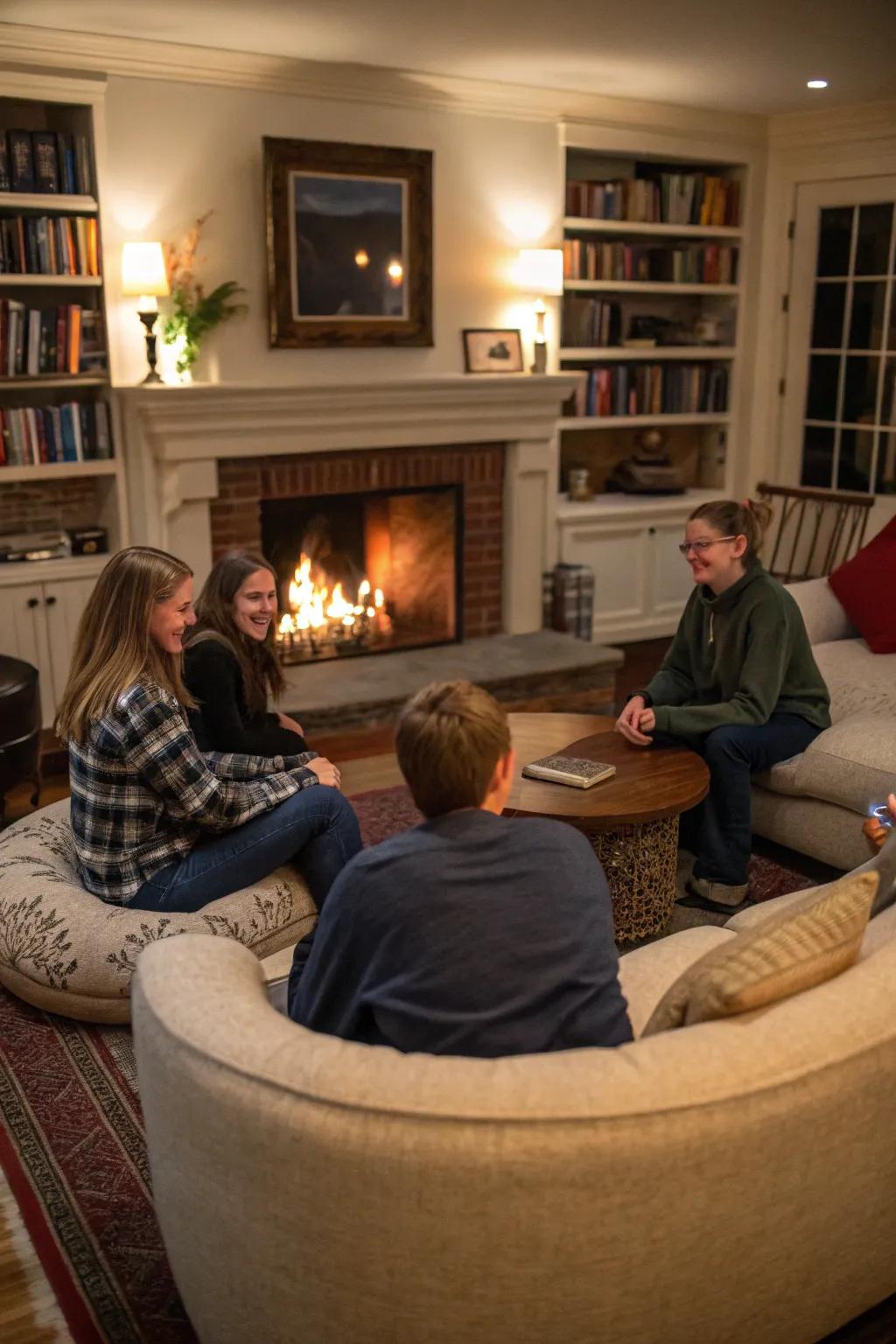 Seating arranged in a circle to promote conversation around the fireplace.