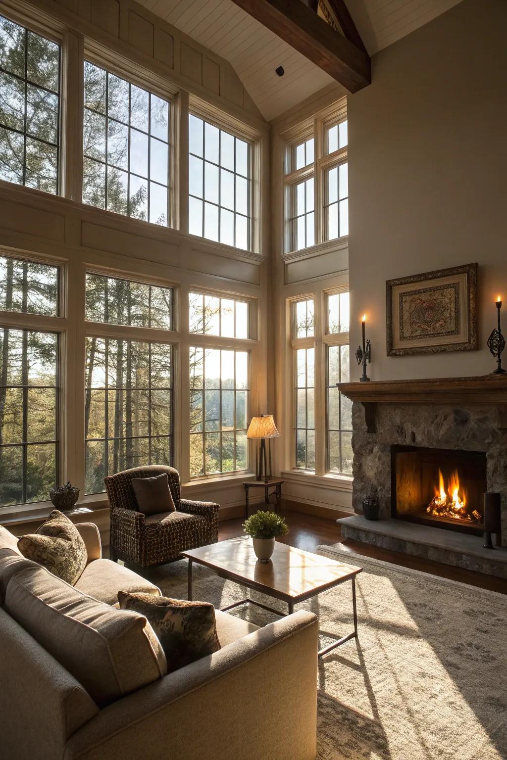 An arrangement in the living room that maximizes natural rays and warmth from the fireplace.