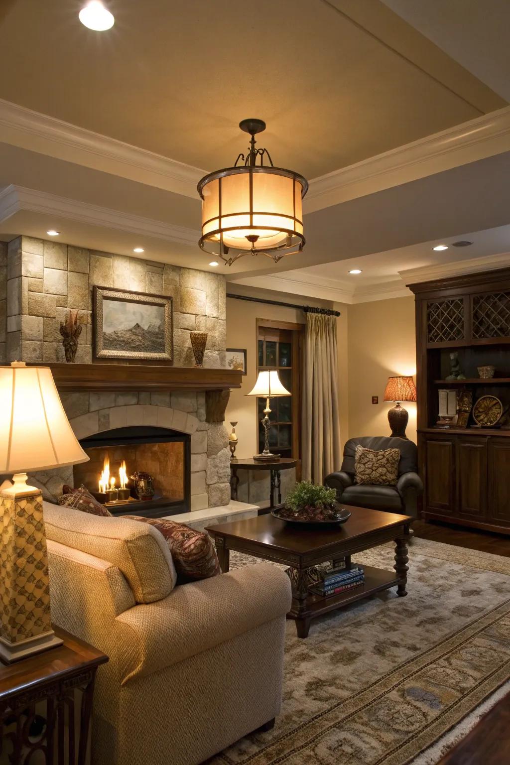 Planned illumination enhances the atmosphere surrounding the fireplace.